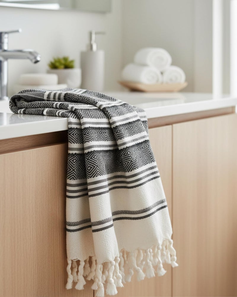 DEMMEX Organic Turkish Hand Towels for Bathroom â€“ 100% Oeko-TEX Certified Turkish Cotton, Quick Dry, Lightweight Kitchen & Travel Towels, Diamond Weave, Large 18x36 Inches, Set of 2, Black - Image 3